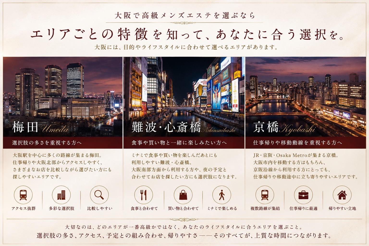 梅田・難波心斎橋・京橋の3エリア比較